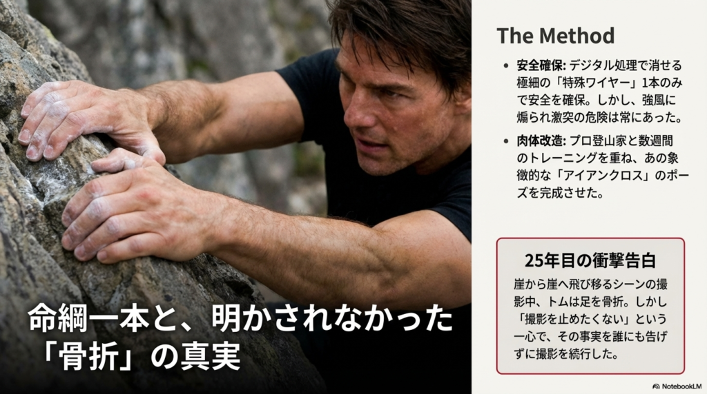 特殊ワイヤー1本での撮影と、撮影中に足を骨折しながらも隠して続行したエピソードをまとめたスライド。