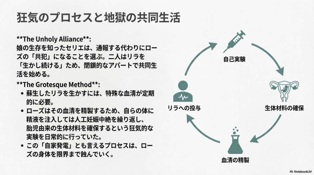 蘇生したリラを生かすための特殊な血清精製プロセス。自己実験、生体材料の確保、血清の精製、リラへの投与を繰り返す図解。