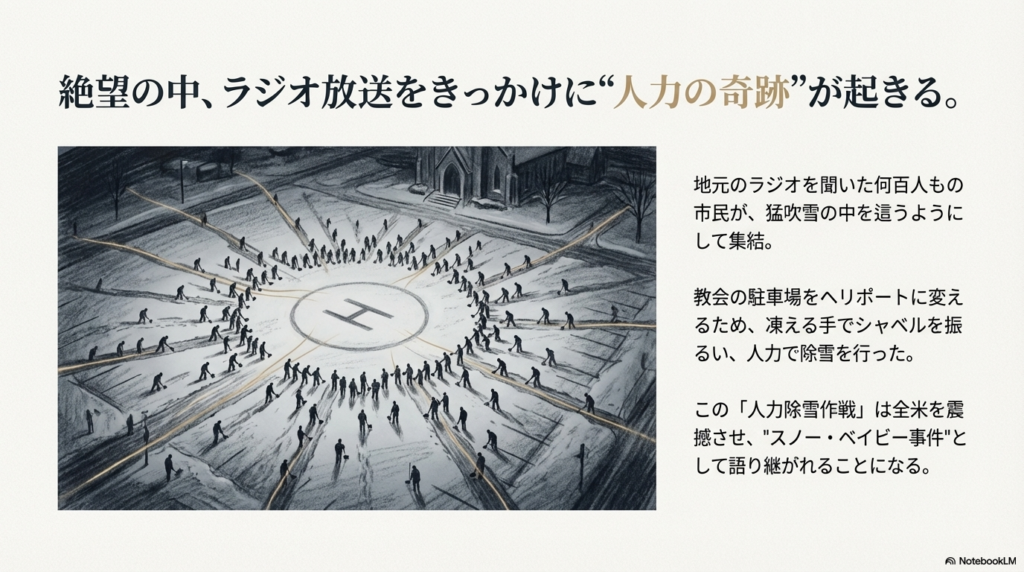 雪に覆われた教会の駐車場で、大勢の市民がシャベルを持って除雪し、ヘリポートの「H」の文字を浮かび上がらせているイラスト 。
