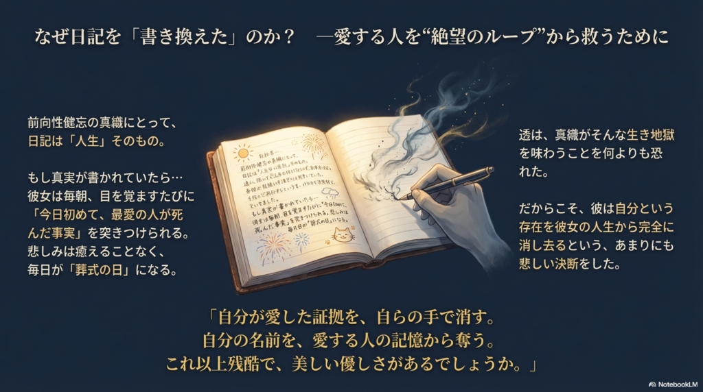 前向性健忘の真織にとって、日記が「人生そのもの」であること、そして毎日が「葬式の日」になる生き地獄から彼女を救うための決断を解説したスライド。