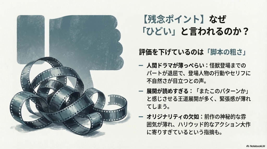 なぜひどいと言われるのか?」という問いに対し、人間ドラマの薄さや展開の既視感などの理由を箇条書きにしたスライド。