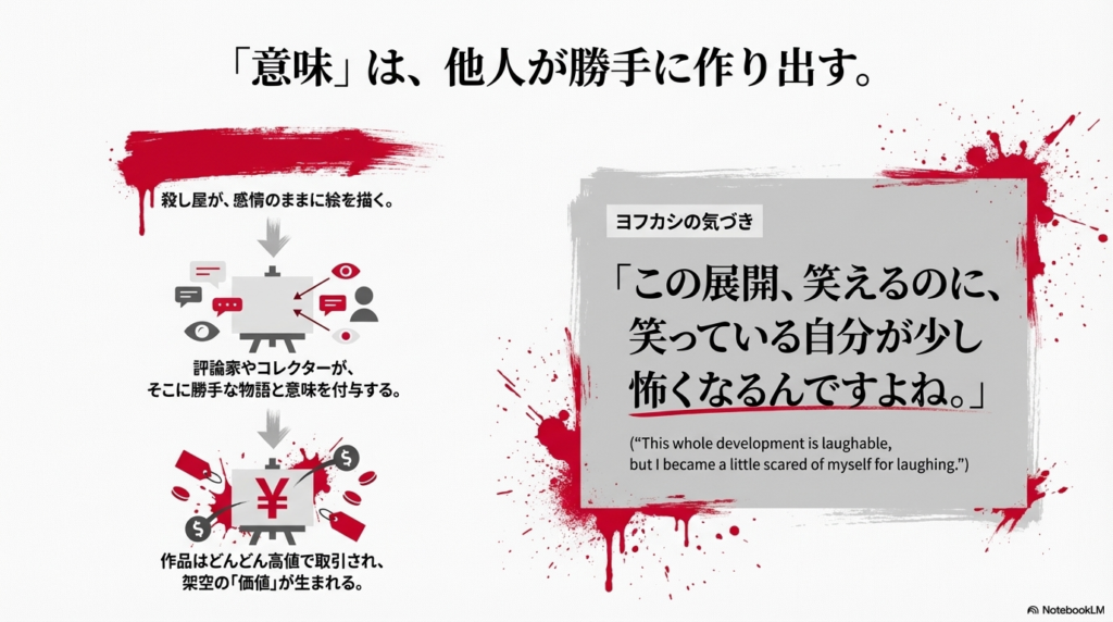 殺し屋が描いた絵に対し、評論家やコレクターが勝手な物語を付与することで、高値で取引される架空の価値が生まれる様子 。