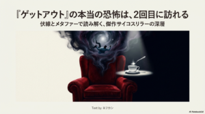 映画『ゲットアウト』のタイトルロゴと、カップに落ちていく男性のイラスト。2回目こそが本番であることを示唆するスライド表紙。