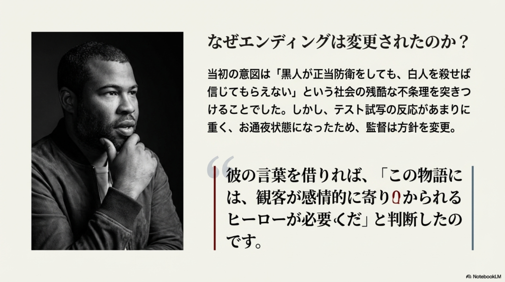 ジョーダン・ピール監督のモノクロ写真。テスト試写の反応を受けて、観客に必要なヒーローを残すためにエンディングを変更した理由が記されている。