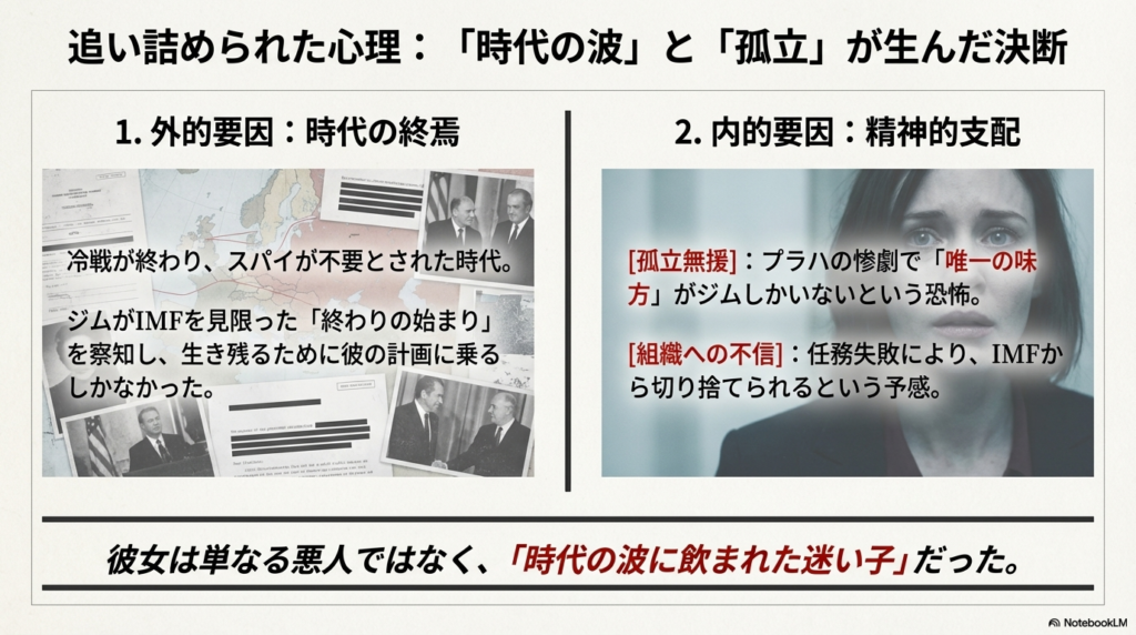 冷戦終結によるスパイの不要化と、組織への不信感からジムの計画に乗るしかなかった彼女の心理を分析するスライド 。