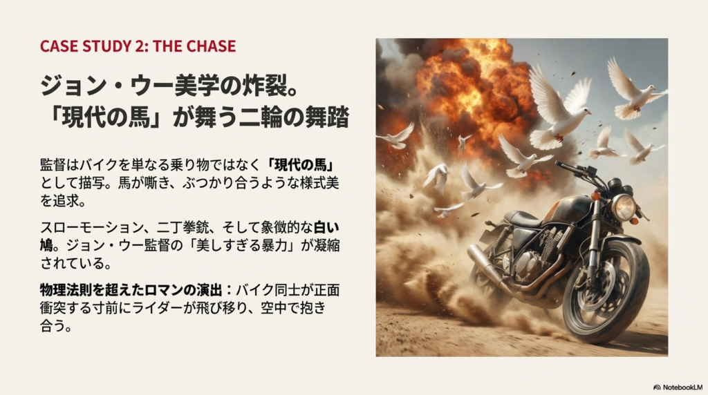 爆発を背景に、白い鳩が舞い散る中をバイクで疾走する劇中イメージ。