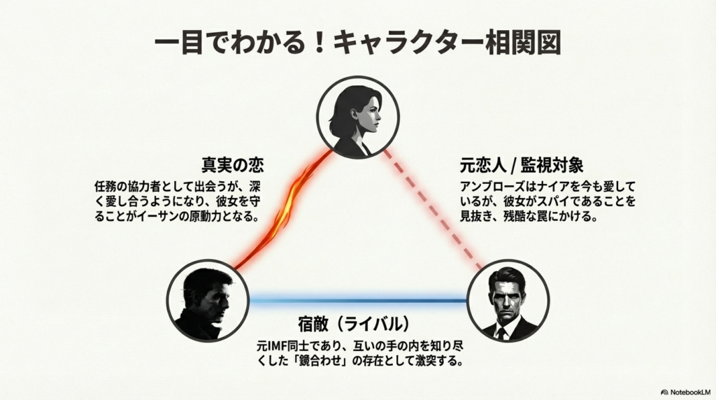 イーサン、ナイア、アンブローズの愛憎と対立関係をアイコンで示したグラフィカルな相関図。