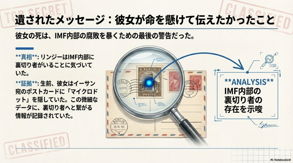 ポストカードの切手部分を虫眼鏡で拡大した図。切手の裏側に隠された「マイクロドット」が青く光っており、IMF内部の裏切り者の存在を示唆している。