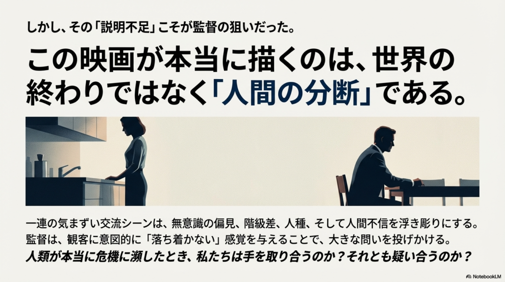 映画の真のテーマである「人間の分断」についての解説。危機的状況下で人類は手を取り合うのか、疑い合うのかという問いかけ。