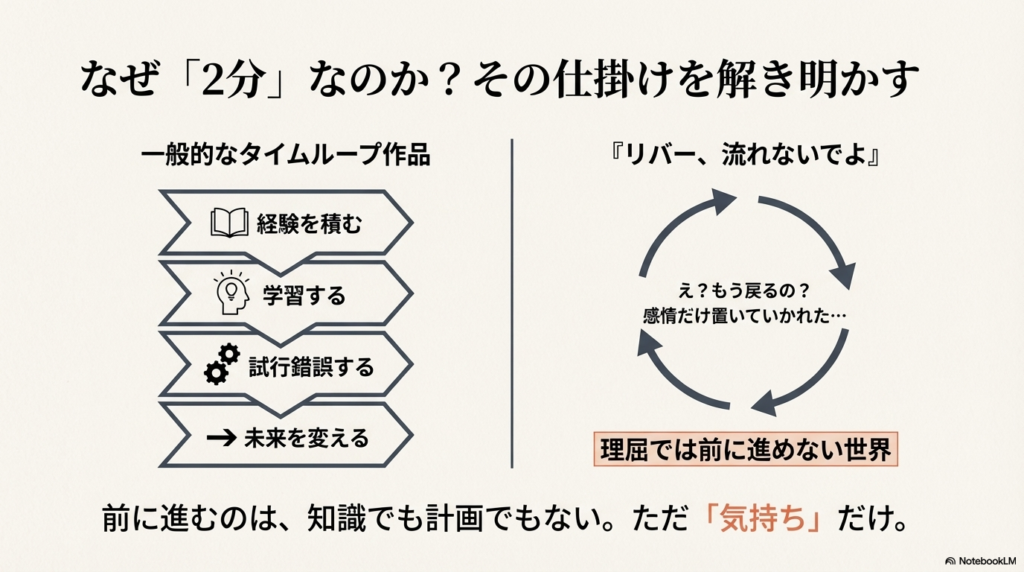 一般的なタイムループ作品(学習・試行錯誤)と本作(感情だけ置いていかれる)を比較した図解スライド。