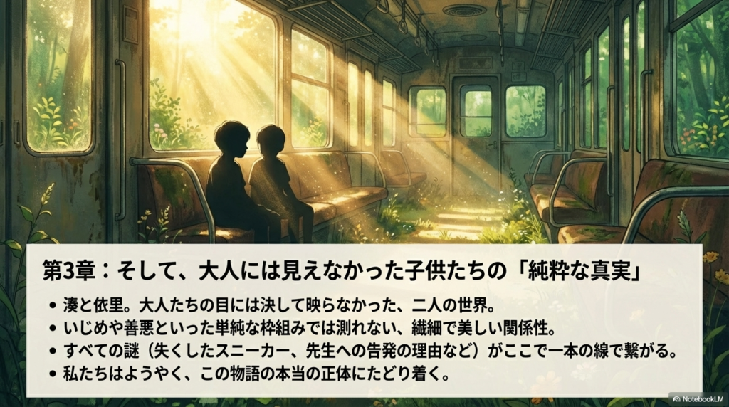 湊と依里の繊細な関係性が一本の線で繋がることを説明するテキスト。いじめや善悪の枠組みでは測れない子供たちの世界。