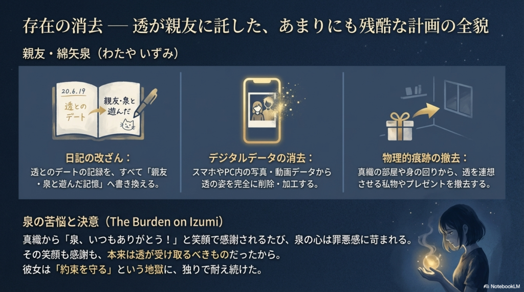 日記の改ざん、デジタルデータの消去、物理的痕跡の撤去という「存在の消去」計画の具体的内容と、それを託された親友・泉の苦悩を記したスライド。