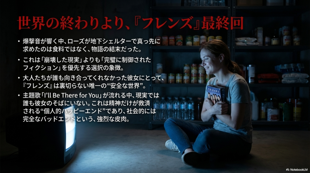 地下シェルターでドラマ『フレンズ』に見入る少女ローズ。現実の崩壊よりもフィクションの結末を求める心理についての解説。