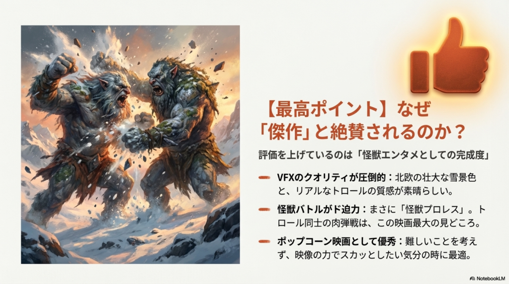 雪山で激しく殴り合う2体の巨大トロールのイラストと、VFXやバトルの完成度を称賛するポイントが書かれたスライド。