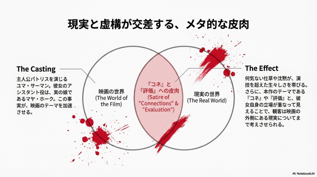 実の親子である二人の共演が、映画内のテーマである「コネ」や「評価」と重なり、現実と虚構が交差する皮肉を生んでいることの解説 。
