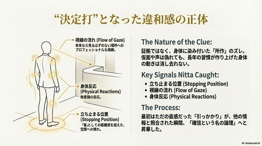 ホテル内に立つ人物の「視線の流れ」「身体反応」「立ち止まる位置」に注目した、プロフェッショナルな違和感の正体を示す図解スライド