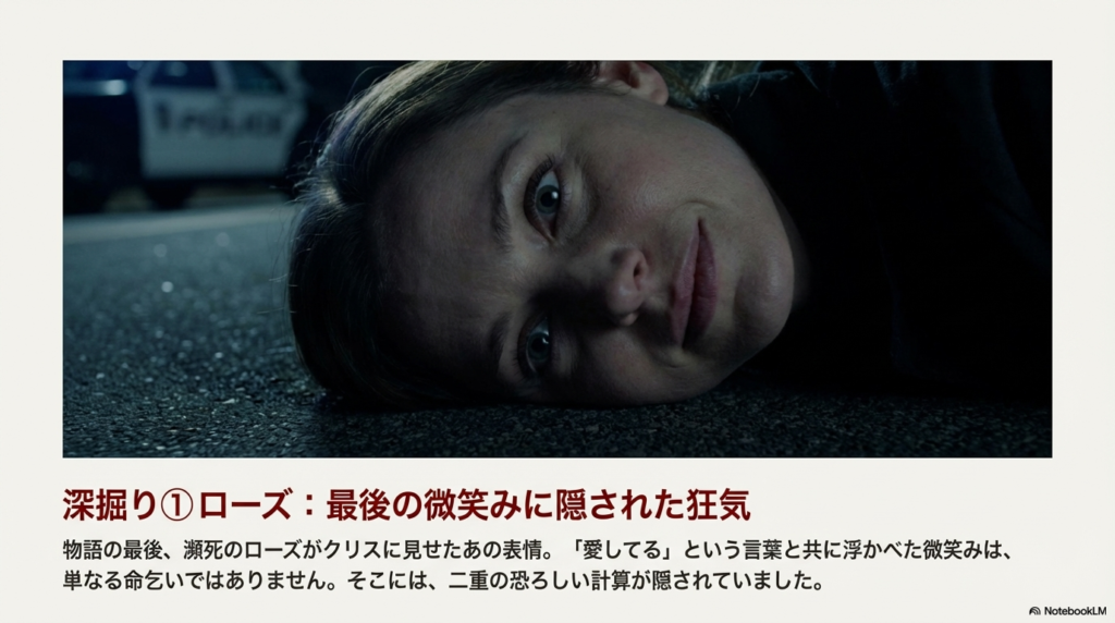 瀕死の状態で不気味な微笑みを浮かべるローズのアップ画像。「愛してる」という言葉に隠された二重の計算について解説。
