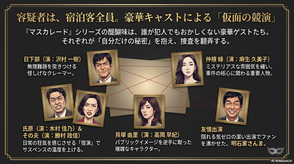沢村一樹さん、麻生久美子さん、高岡早紀さん、木村佳乃さん、勝村政信さん、そして友情出演の明石家さんまさんら豪華ゲスト陣の紹介。