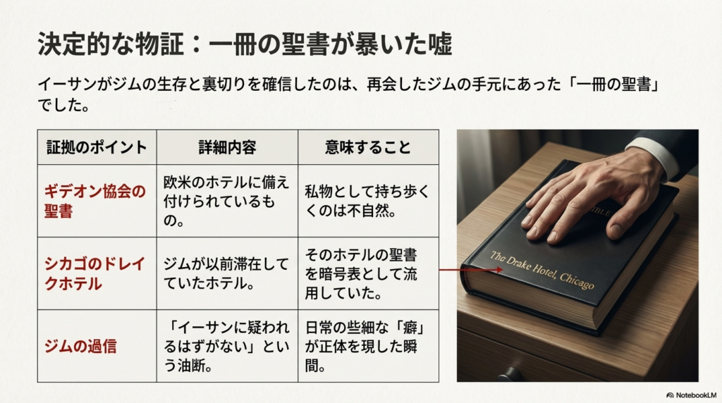 「The Drake Hotel, Chicago」と刻印されたギデオン協会の聖書と、ジムの些細な油断が露呈した瞬間をまとめた表形式のスライド