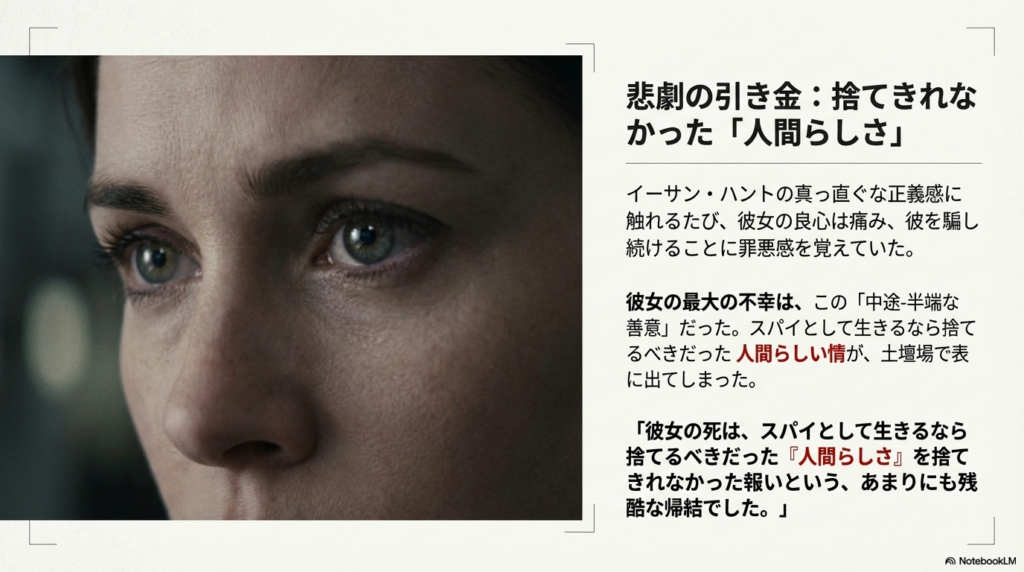 イーサンへの罪悪感という「人間らしい情」を捨てきれなかったことが、スパイとして致命的な報い(死)を招いたことを解説するスライド 。