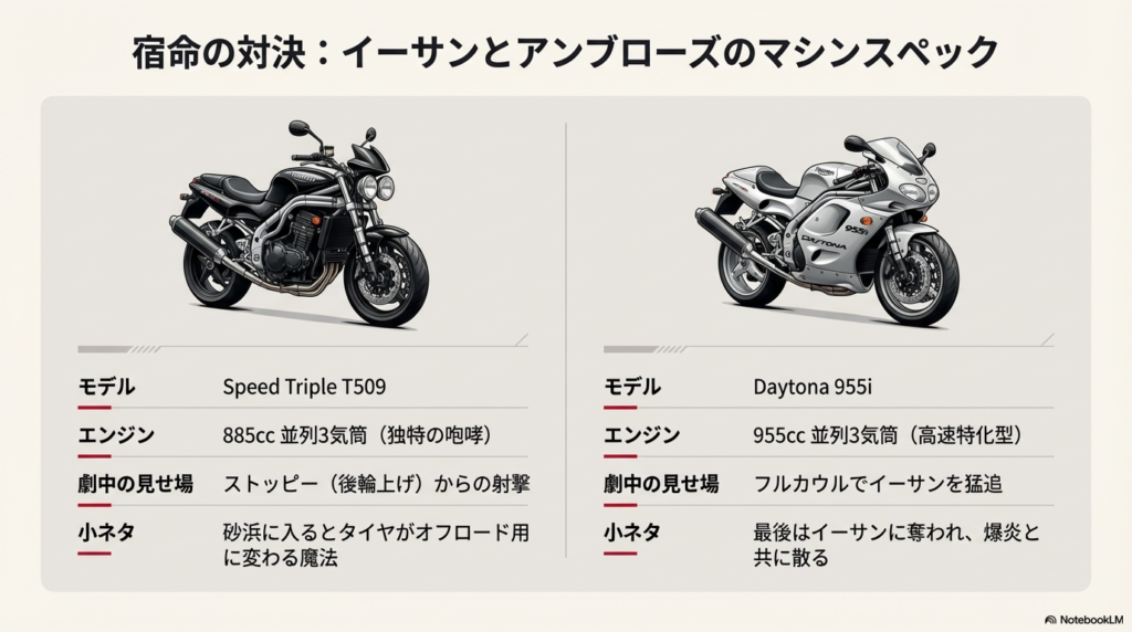 スピードトリプルT509とデイトナ955iのイラストと、それぞれのエンジンや見どころを比較した表形式のスライド。