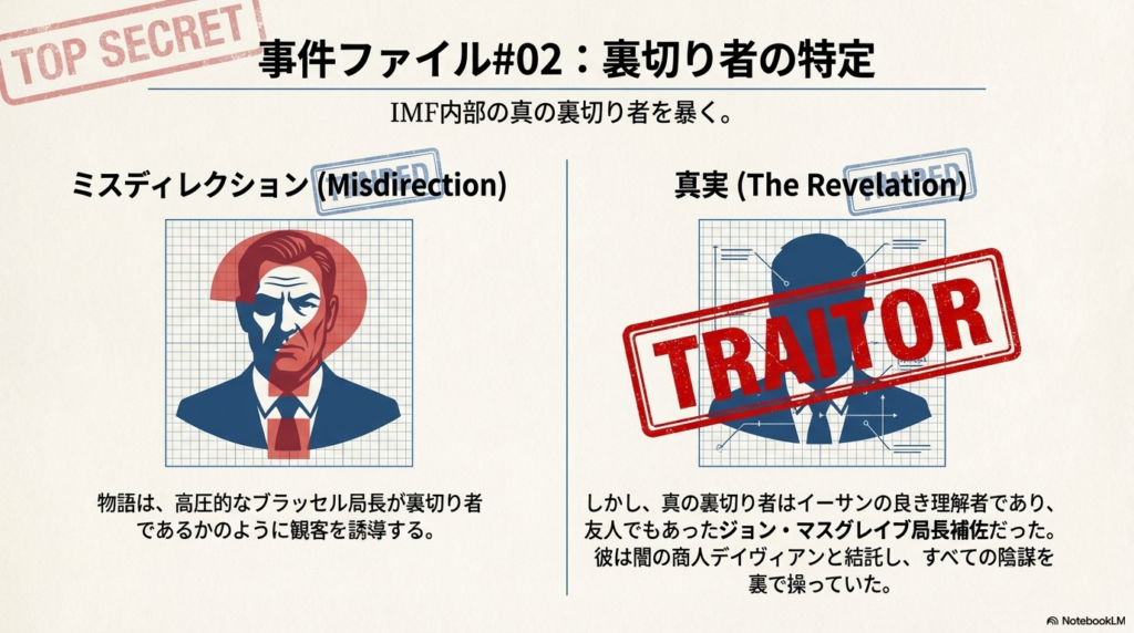 マスグレイブ局長補佐のシルエットに赤字で大きく「TRAITOR（裏切り者）」のスタンプが押されている。ブラッセル局長へのミスディレクションについても言及。