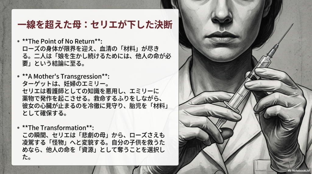 妊婦エミリーを犠牲にすることを選んだセリエの決断。悲劇の母からローズをも凌駕する「怪物」へと変貌する過程の解説。
