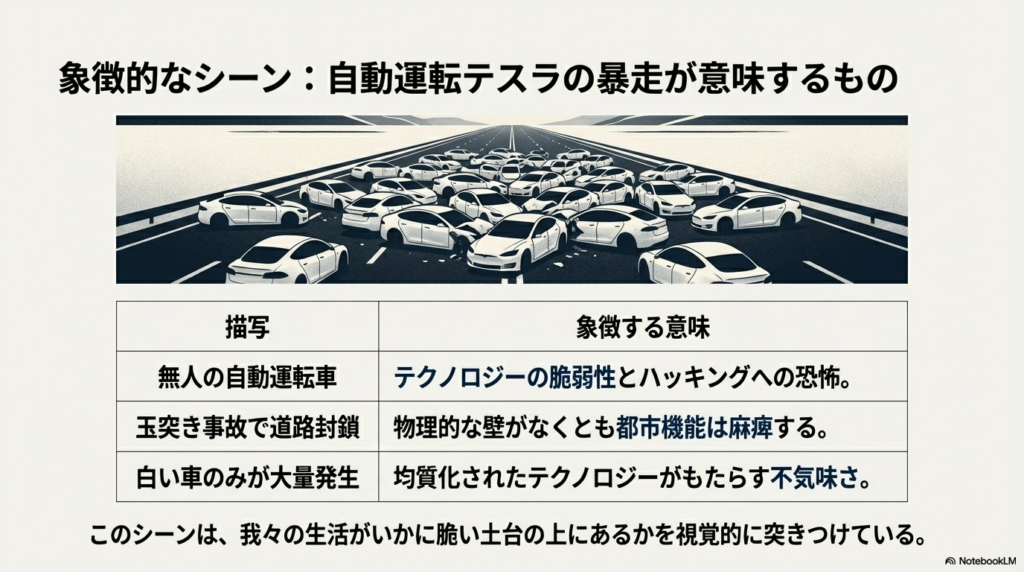 無人の自動運転車テスラが暴走し道路を封鎖するシーン。テクノロジーの脆弱性と均質化の不気味さを象徴するイラスト解説。