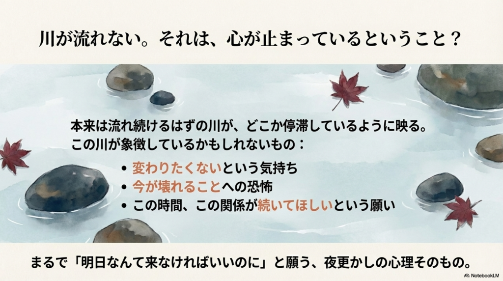 変わりたくない気持ちや今が続くことへの願いなど、流れない川が象徴する心理を分析したスライド。