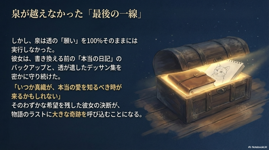 透の願いを100％実行せず、密かに日記のバックアップとデッサン集を守り続けた親友・泉の「守護者」としての役割を解説したスライド。