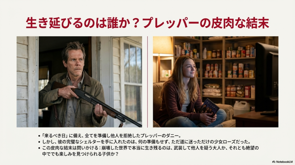 銃を構えて警戒するダニーと、シェルターでくつろぐローズの画像を左右に並べたスライド。準備していた者としなかった者の皮肉な結末について。