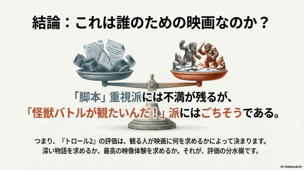 破れた脚本のイラストと、怪獣のフィギュアのイラストが天秤にかけられている画像。「誰のための映画なのか?」という結論スライド。