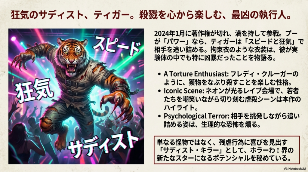 ネオンライトの中で爪を構える凶暴なティガーのイラスト。「スピード」「狂気」「サディスト」というキーワードが強調されている。