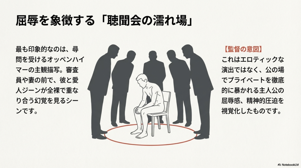 聴聞会で尋問を受けるオッペンハイマーが、衆人環視の中で全裸で椅子に座っている幻覚シーンのイラスト