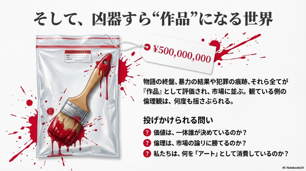 犯罪の痕跡が「作品」として評価される衝撃的な展開と、価値や倫理、消費に関する3つの問い 。