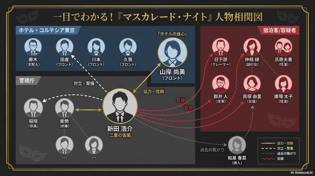 ホテルスタッフ、警察、宿泊客（容疑者）の関係性を一目で表した詳細な人物相関図。