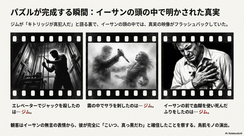 ジャックの死やサラの刺殺、ジムの自作自演のシーンが映画フィルム風に描かれ、イーサンがジムの裏切りを確信した瞬間を表現したスライド