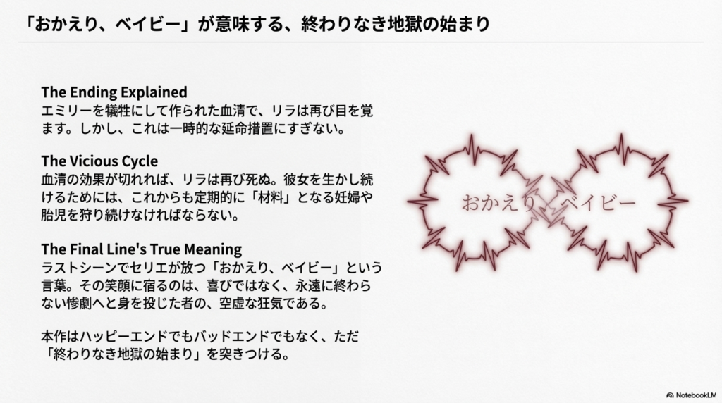 ラストシーンのセリフ「おかえり、ベイビー」の解説。リラを生かし続けるために妊婦や胎児を狩り続けなければならない「終わりなき地獄」の暗示。