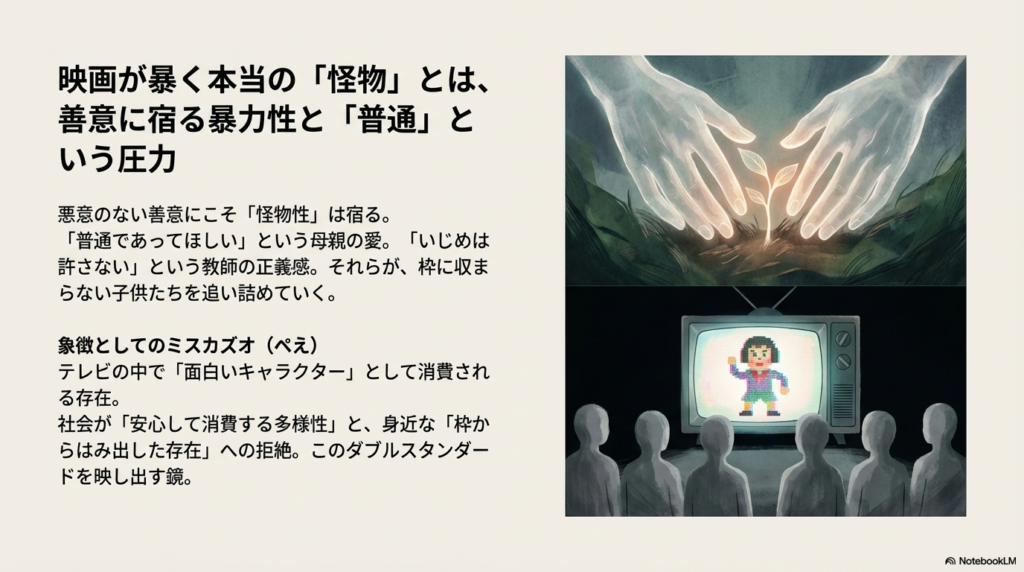 上段には苗を包む透き通った手、下段にはテレビに映る「ミスカズオ」を見つめる人々。社会が多様性を消費する一方で、枠からはみ出した存在を拒絶する様子を描写。