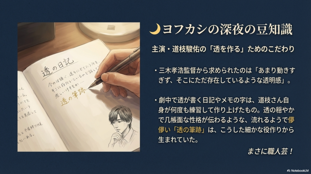 透の「透明感」を出すための演技や、劇中の日記の文字を道枝さん本人が練習して作り上げたという撮影秘話をまとめたスライド。