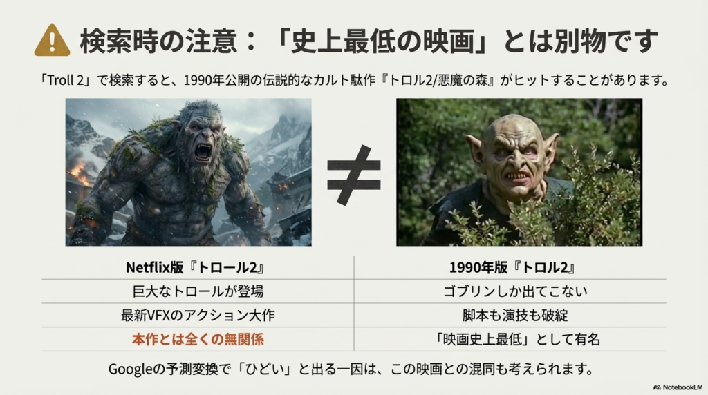 リアルなCGトロールの顔と、1990年版の着ぐるみゴブリンの顔を並べ、全くの別物であることを警告している比較スライド。