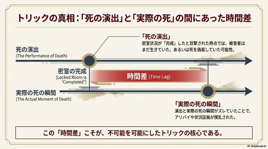 「死の演出」と「実際の死」の間に時間差(タイムラグ)があったことを示すタイムライン図。アリバイ工作の仕組みを解説している。