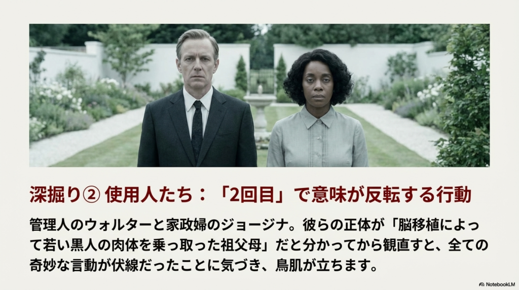 アーミテージ家の使用人、ウォルターとジョージナが並んでいる写真。彼らの正体が祖父母の脳移植によるものだと示唆するスライド。