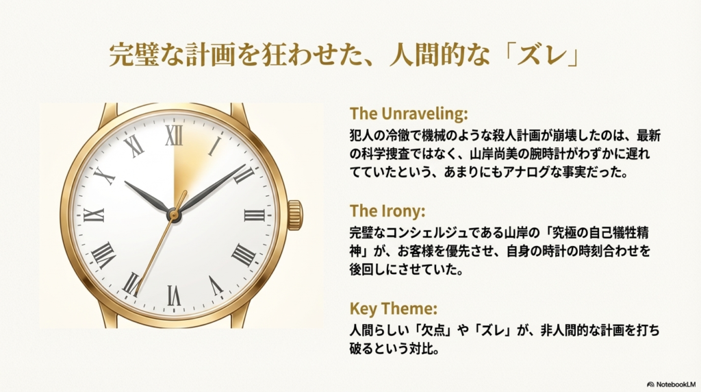 山岸尚美の腕時計をモチーフに、自己犠牲精神による「時計の遅れ」が非人間的な計画を打ち破ったことを示すスライド