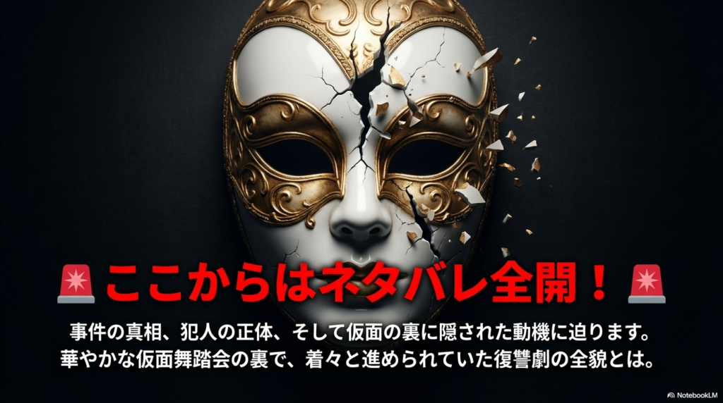 「ここからはネタバレ全開！」という警告文と共に、仮面舞踏会の裏で進む復讐劇を予感させるスライド。