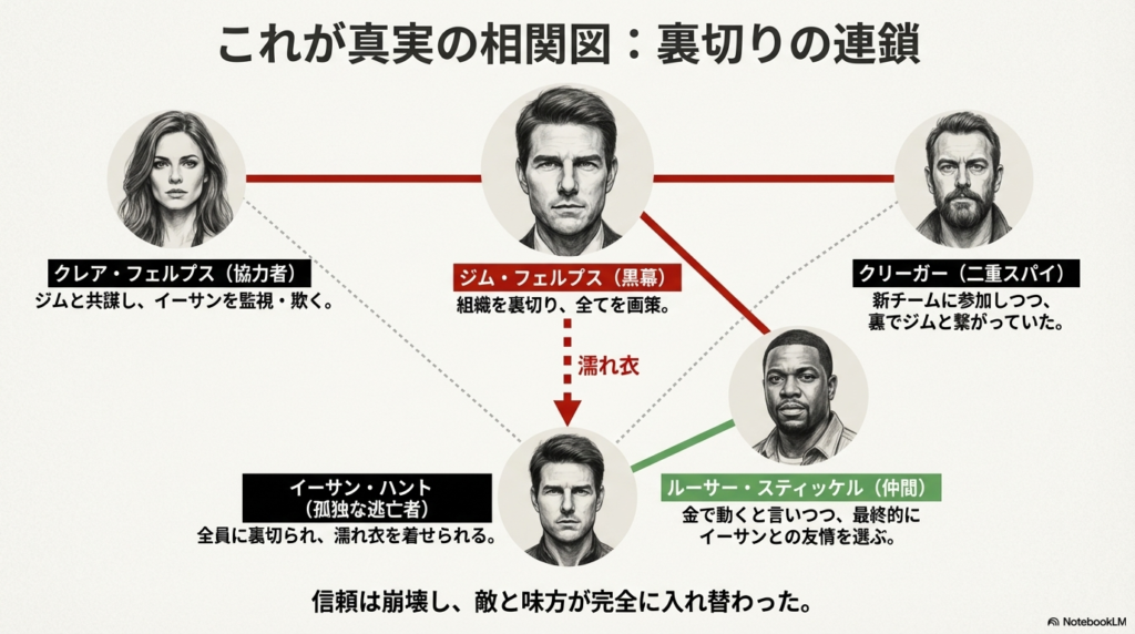 イーサンを中心に、黒幕のジム、協力者のクレア、二重スパイのクリーガー、そして唯一の味方ルーサーを整理した最終的な人物相関図スライド