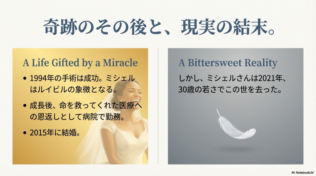 手術成功後の病院勤務や結婚といった明るいニュースと、2021年に30歳で逝去したという結末をまとめたスライド 。