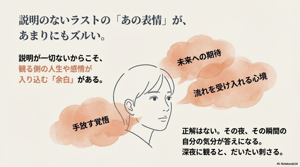 限られた空間や少人数の登場人物など、舞台劇の構造を映画に落とし込んだ演出の秘密を解説するスライド。