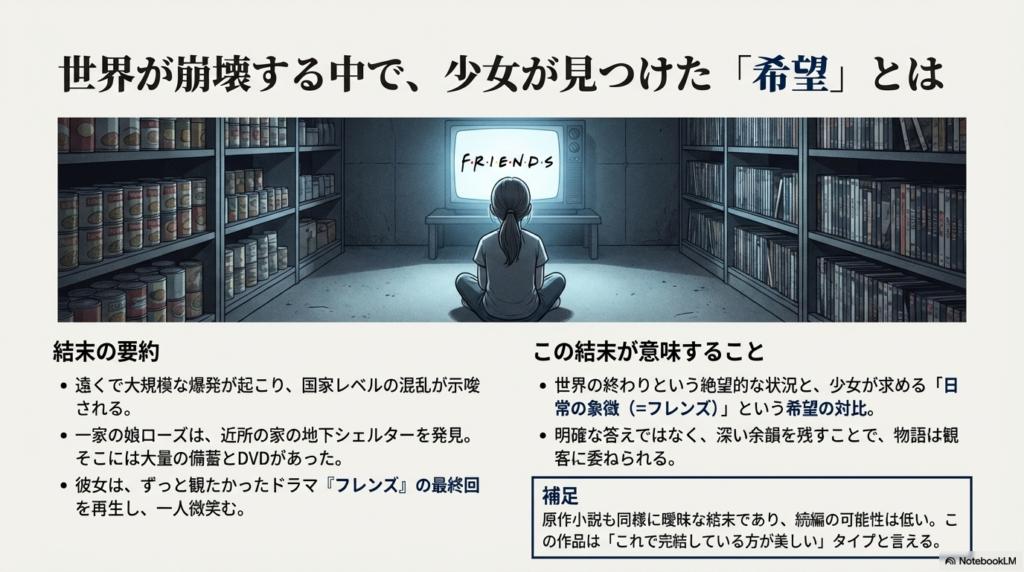 世界が崩壊する中で少女が見つけた希望、ドラマ『フレンズ』。絶望的な状況と日常の象徴の対比についての考察。