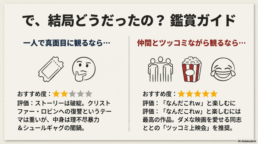 チケットやポップコーン、爆笑する顔のアイコン。「一人で真面目に観るなら星2つ、仲間とツッコミながら観るなら星5つ」という評価まとめ。